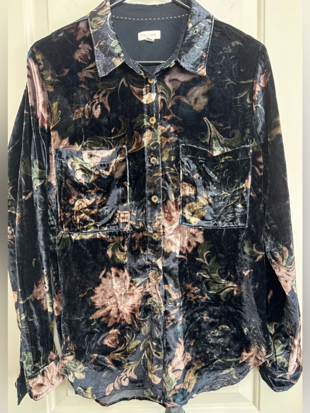 Pilcro Anthropologie Floral Velvet Button Down Shirt M Dark Boho Blouse
